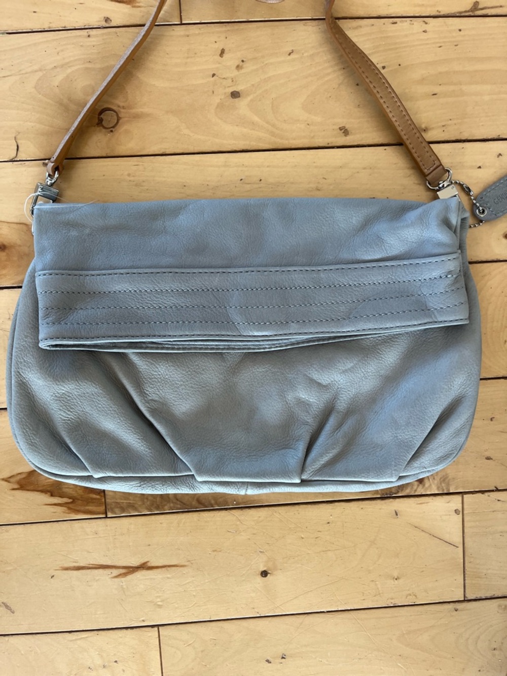 Danier Light Blue Leather Shoulder Bag with Tan Strap